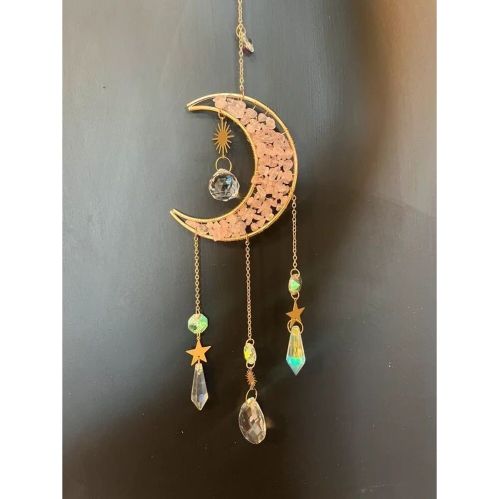 New Rose Quartz Crescent Moon Celestial Crystal Suncatcher
